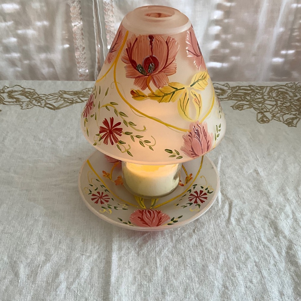 Vintage Yankee Candle Hand Painted Floral Shade Plate Set Pink Poppy Fairy Lamp - Picture 8 of 8